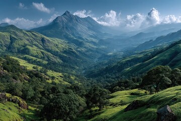 Naklejka premium Lush green mountains under blue sky, World Environment Day landscape concept