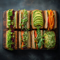 Colorful assortment of healthy vegetarian sandwiches with avocado, sprouts, lettuce, and vegetables on whole grain bread, served on a wooden board.