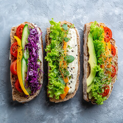 Colorful vegetarian sandwiches with fresh lettuce, tomato, avocado, cucumber, and sprouts on whole-grain bread, arranged on a gray background.