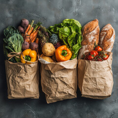 Eco-friendly grocery shopping concept with fresh vegetables, bread, and fruits in paper bags on a grey background, promoting sustainability and zero waste lifestyle.