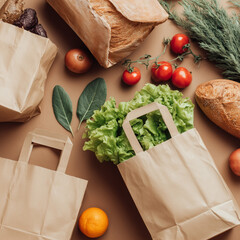 Eco-friendly grocery shopping concept with fresh vegetables, bread, and fruits in paper bags on a brown background, promoting sustainability and zero waste lifestyle.