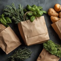 Paper bags filled with fresh herbs, potatoes, and leafy greens on a dark background, symbolizing eco-friendly shopping and sustainable lifestyle.