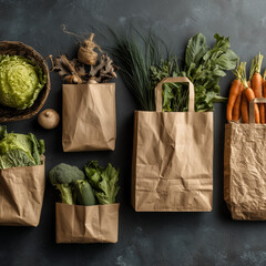 Fresh vegetables in eco-friendly paper bags on a dark textured background, promoting sustainable shopping and zero waste lifestyle.