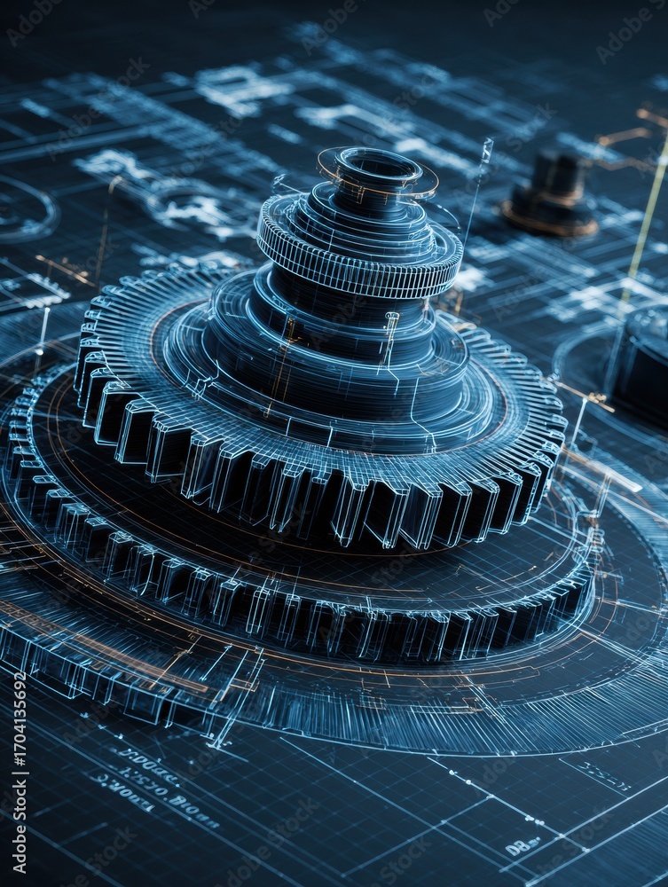 Aufkleber high-tech gears and machinery design displayed in a digital blueprint setting with intricate details