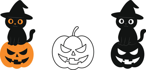 Halloween Cat, Black silhouette of a cat in witch hat with a Halloween theme. Vector illustration