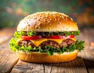 Delicious burger on a rustic wooden table
