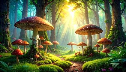 Sunlight streams through a magical forest path lined with red toadstools