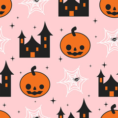  cute hand drawn cartoon character halloween seamless vector pattern illustration with orange pumpkins, white spiderweb , black haunting house and black stars on pink background