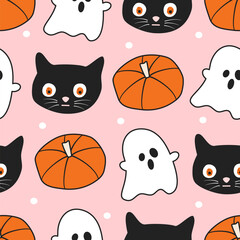 cute hand drawn cartoon character halloween seamless vector pattern illustration with orange pumpkins, ghost, black cats and white dots on pink background