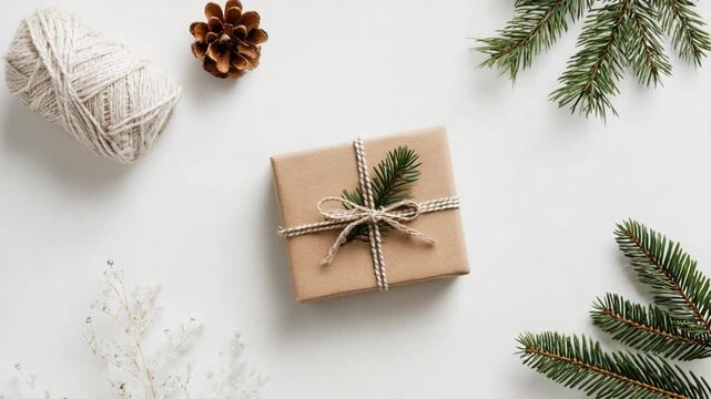 Christmas Gift: An artfully wrapped gift sits nestled amidst delicate winter greenery, ready to bring holiday cheer and the joy of giving. 