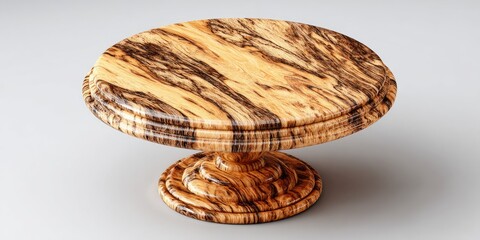 A meticulously detailed, round wooden cake stand, exhibiting intricate wood grain patterns, sits elegantly on a neutral backdrop.