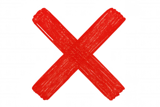 Red hand-drawn cross signaling rejection, rendered on transparent backdrop for seamless graphic design integration - Powered by Adobe