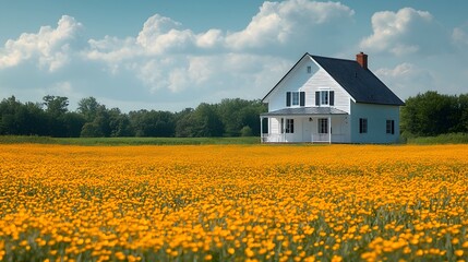 A picturesque white country house stands amidst a vast meadow of vibrant yellow wildflowers under a blue cloudy sky