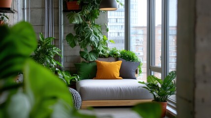 Projector-ready cozy room with exposed pipes, metal fixtures, and lush plants