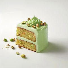 A slice of pistachio-flavored cake with green frosting and chopped nuts on top, displayed on a white surface.