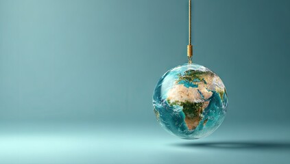 A detailed globe, suspended on a light gold cord, sits against a simple teal backdrop.
