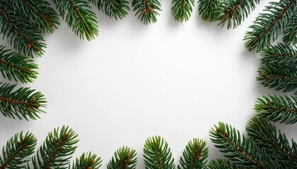 White background with empty copyspace in the center, surrounded by green pine twigs. 