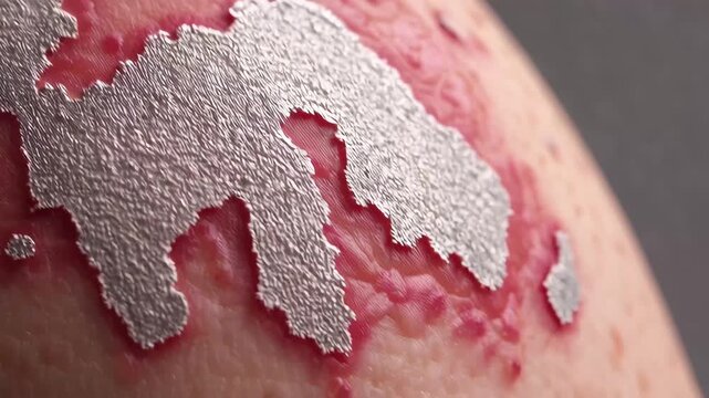 A close-up of psoriasis on human skin shows thick, silvery scales and inflamed red patches. The video focuses on the severe texture and discomfort, highlighting the impact of chronic skin diseases.