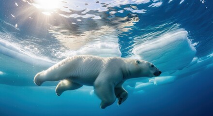 Majestic Polar Bear Swims Through Arctic Waters Amidst Ice Floes