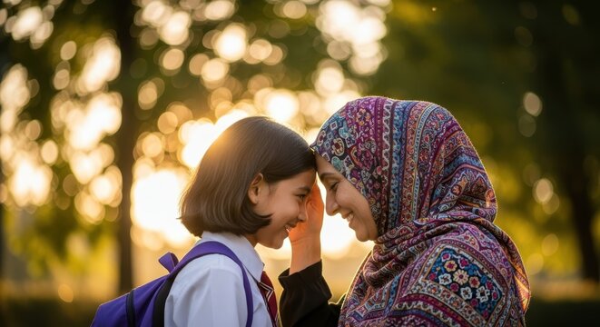 Tender moment: mother in hijab and daughter embrace outdoors in sunlit park