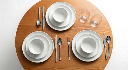 Top-down view of a modern dining table set for three with white ceramic dinnerware on a round wooden surface.