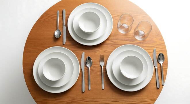 Top-down view of a modern dining table set for three with white ceramic dinnerware on a round wooden surface.