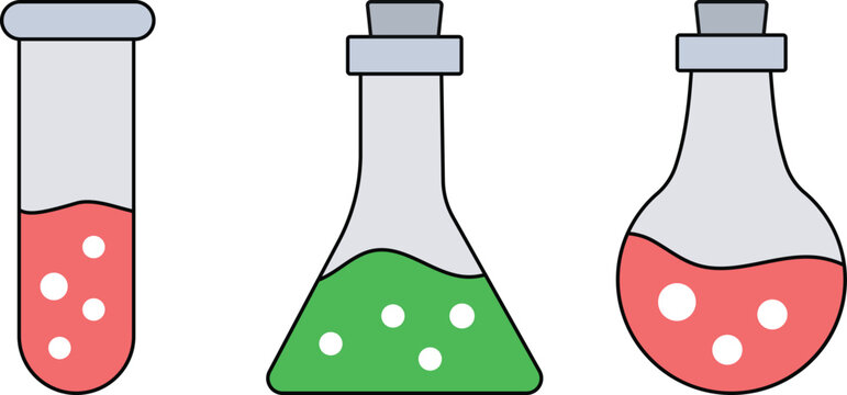Test Tube, Chemistry beakers with Erlenmeyer flask and test tube holding chemicals flat vector icon for science apps and websites