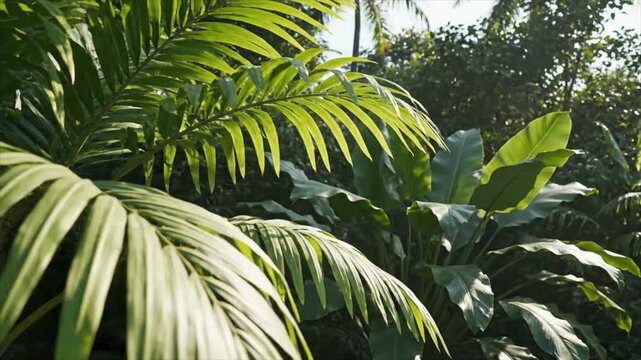 Lush tropical jungle landscape with ferns, trees, and green plants, suitable for tropical travel brochures or naturethemed designs.