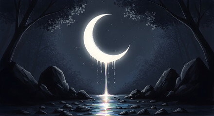 Enchanted Moonlight Waterfall Mystical Night Forest Scene Fantasy Art