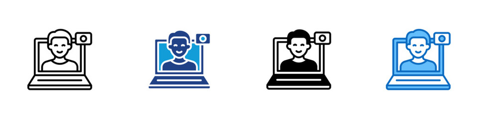 Webinar Multiple Style Icon Design Vector - Person on laptop screen with webcam, representing online meeting, webinar, or digital learning