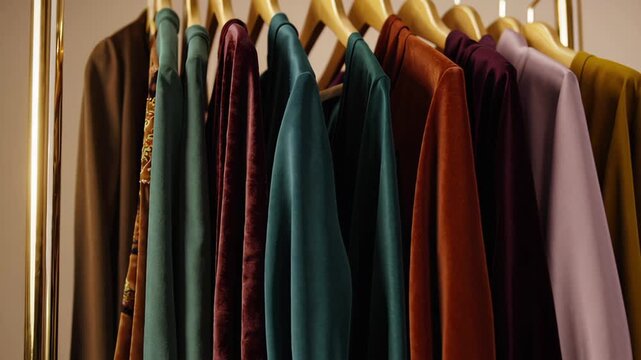 A selection of elegant velvet jackets in rich earthy and jewel tones is neatly arranged on wooden hangers in a boutique. The luxurious textures and colors create a sense of sophisticated autumn fashio