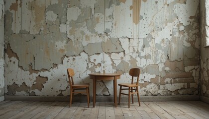 A tiny table and two wooden chairs face a rotting wall in an empty room.