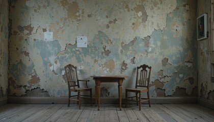 A tiny table and two wooden chairs face a rotting wall in an empty room.