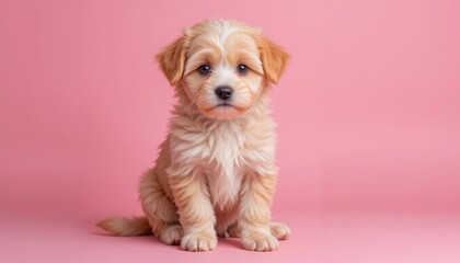 A lovely, fluffy puppy sitting on a pink background is the subject of this portrait.  Make room for text.