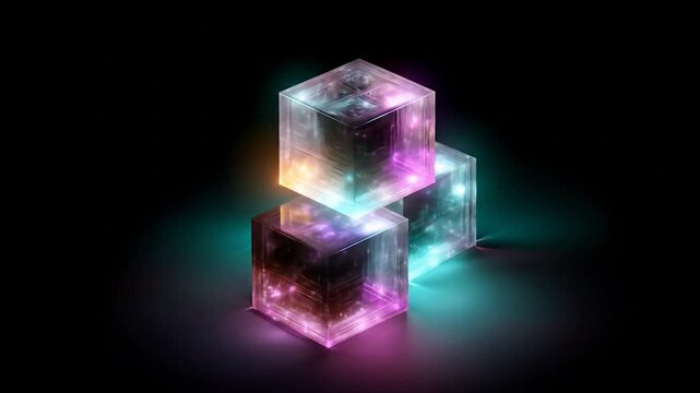Three luminous, glowing cubes stacked in a modern design, emitting vibrant teal, magenta, and fuchsia neon light.