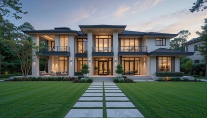 This stunning home's modern appeal is enhanced by its wide windows, elegant exterior, and well-kept lawn.