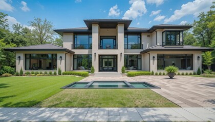 This stunning home's modern appeal is enhanced by its wide windows, elegant exterior, and well-kept lawn.