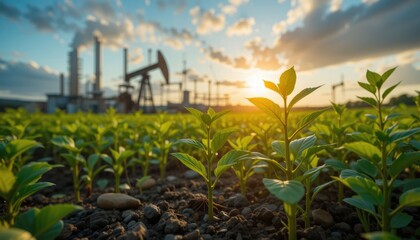 An environmentally friendly plant growing close to an oil factory indicates the energy shift toward a green, renewable business in the future.