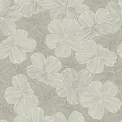 This abstract floral surface pattern is an elegant blend of soft pastels and gold accents. Vector illustration, it ideal for a variety of uses for fabric, wallpaper, stationery, or other interior