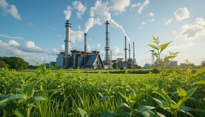 An environmentally friendly plant growing close to an oil factory indicates the energy shift toward a green, renewable business in the future.