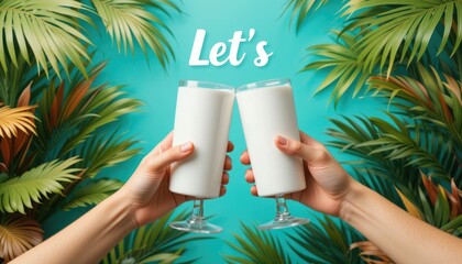 Let's toast!  On a bright turquoise backdrop with tropical foliage, two hands are toasting with blank white tumblers.