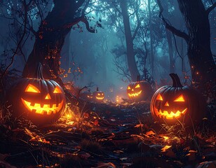 Naklejka premium Spooky forest path with pumpkins