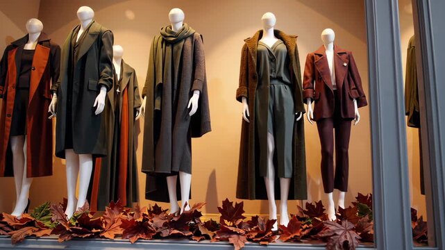 Elegant mannequins dressed in stylish autumn coats and outfits are displayed in a boutique window decorated with fall leaves. The modern arrangement highlights the season&rsquo;s trends and luxurious fashio
