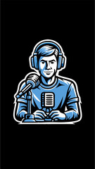 Hand drawn a person recording a podcast colorful image. Vintage style. Vector illustration.
