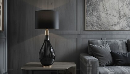 A sleek black table lamp with a glass base and gold accents contrasts sharply with a subdued gray living area.