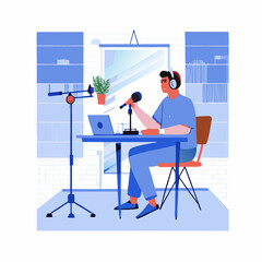 A person recording a podcast. Flat style. Vector illustration.