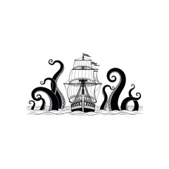 Black and white illustration of a sailing ship attacked by kraken tentacles octopus