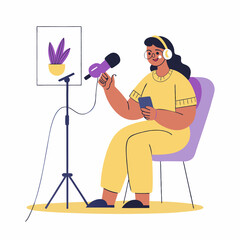 A person recording a podcast image. Flat image isolated on white background. Vector illustration.