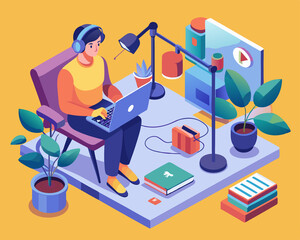 A person recording a podcast image. Isometric style. Vector illustration.