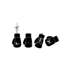 Four black boxing gloves on white background one hanging sport fighting